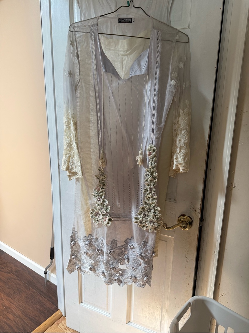 Elegant Ivory Embroidered Women’s Dress with Sheer Overlay